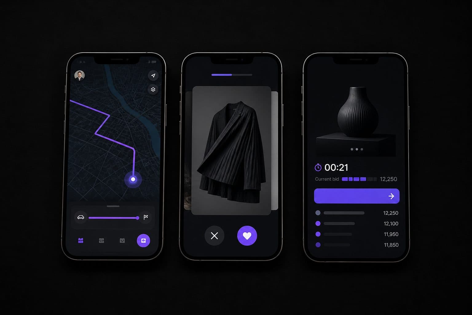 Three phones showing a live map, a consumer app and a marketplace