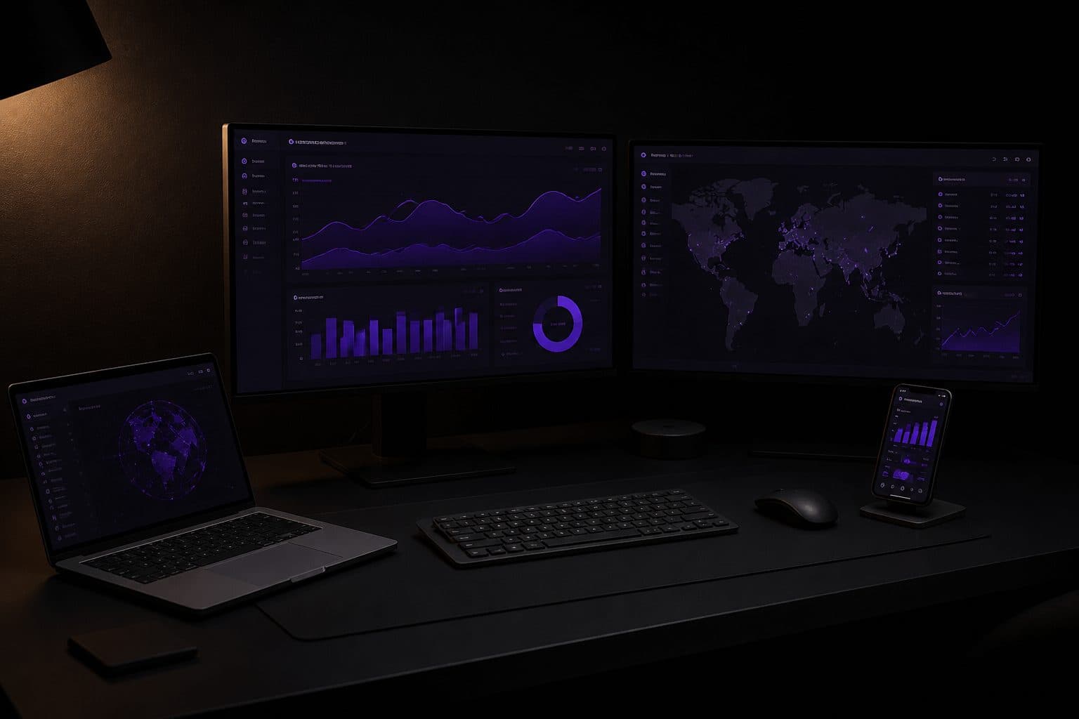Dark studio desk with laptop, monitors and a phone running live product work